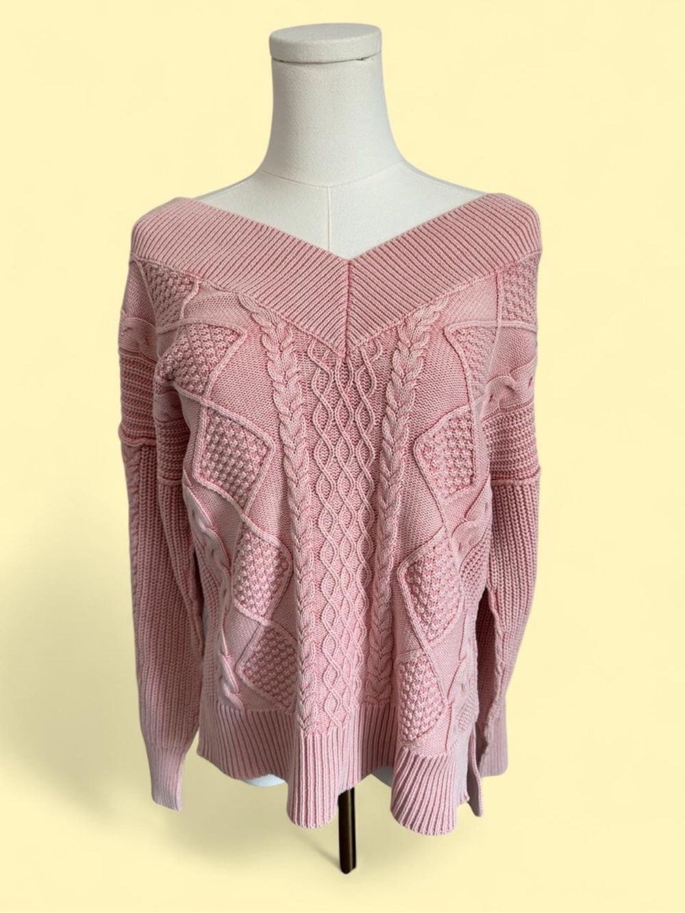 Altar'd State Blush Pink Off-the-Shoulder Cable Knit Sweater